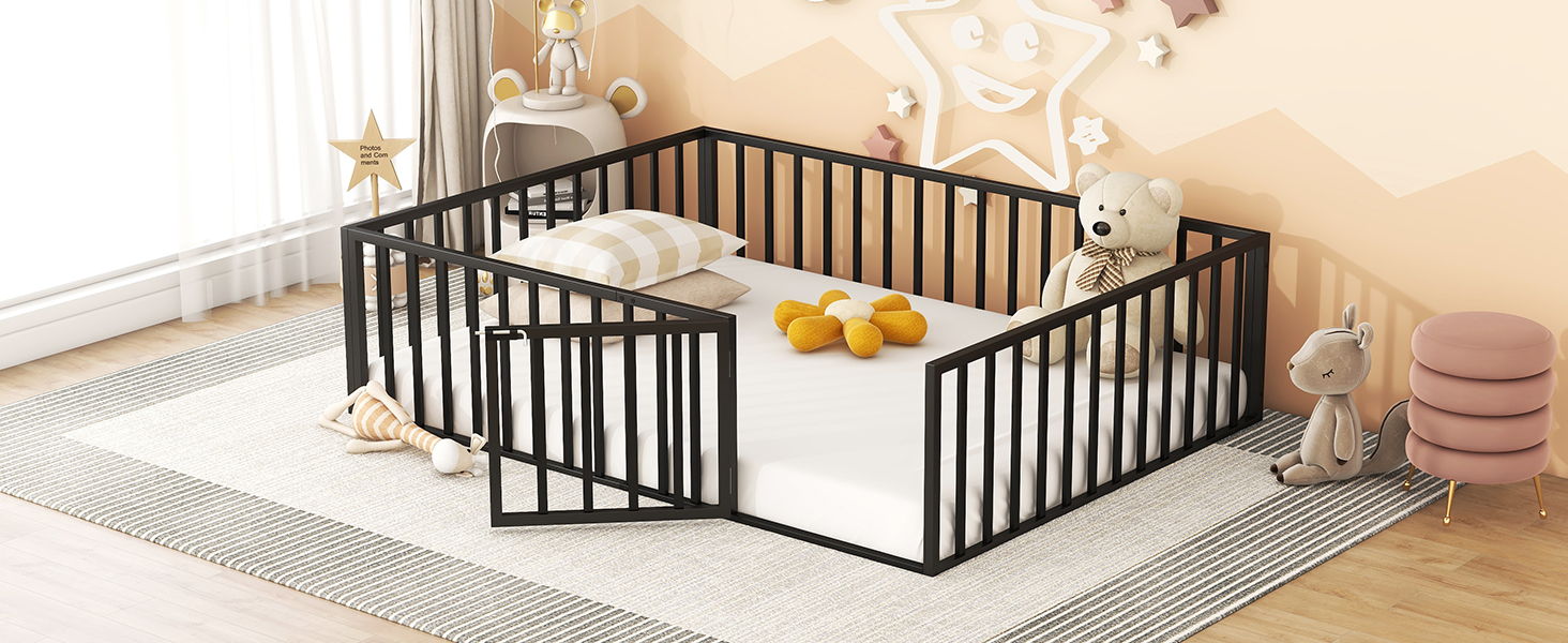 Metal Floor Bed Frame With Fence And Door