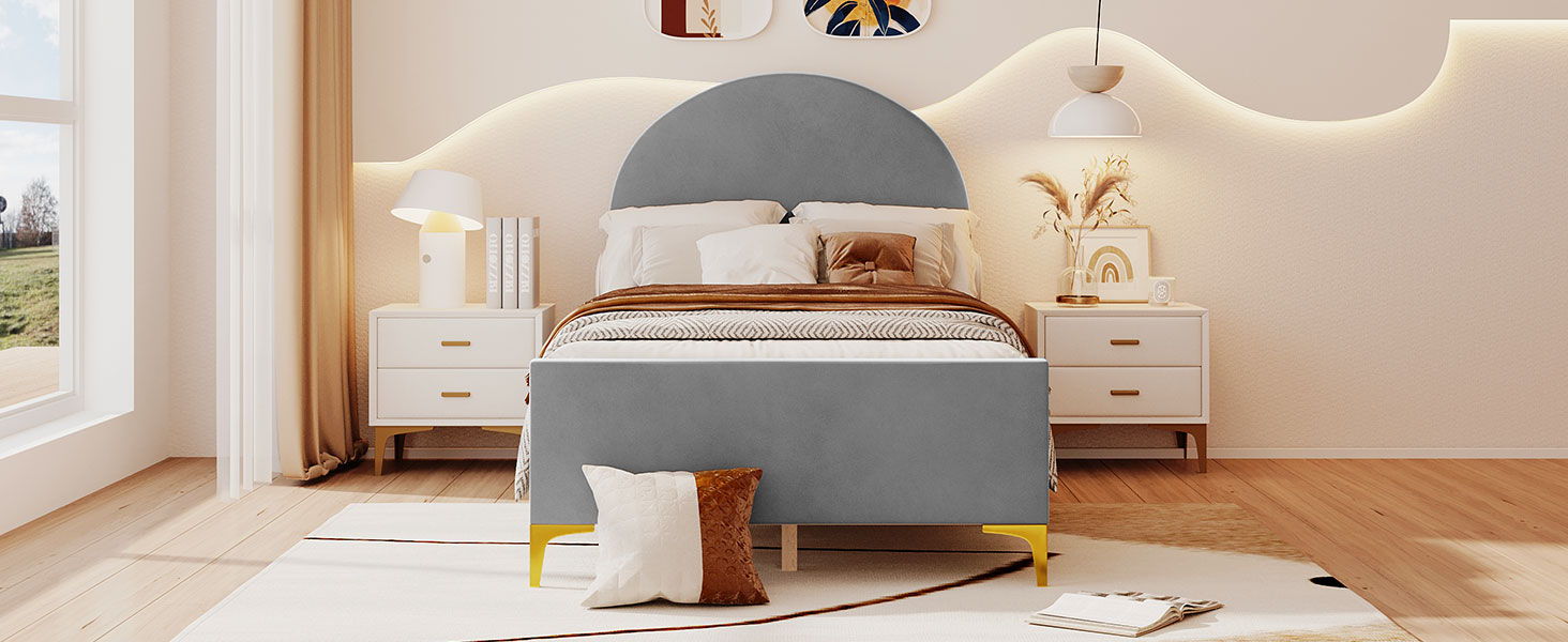 Upholstered Platform Bed With Classic Semi-Circle Shaped Headboard