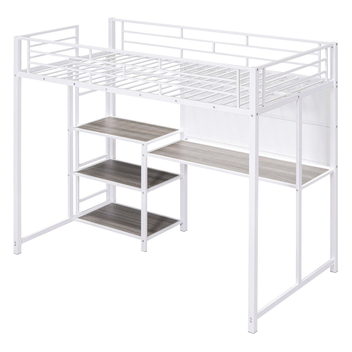 Metal Loft Bed With Desk, 3 Shelves And Ladder