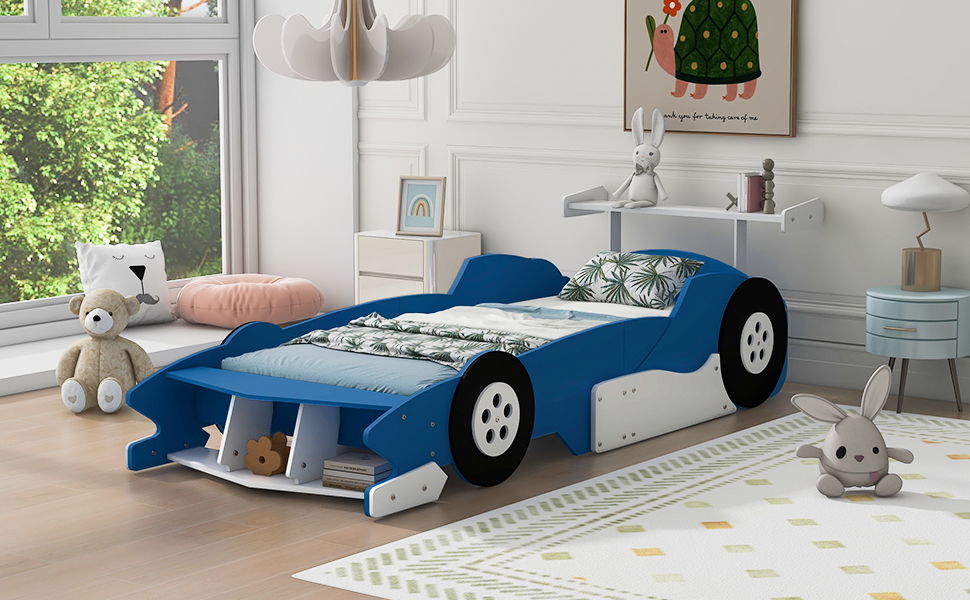 Race Car-Shaped Platform Bed With Wheels