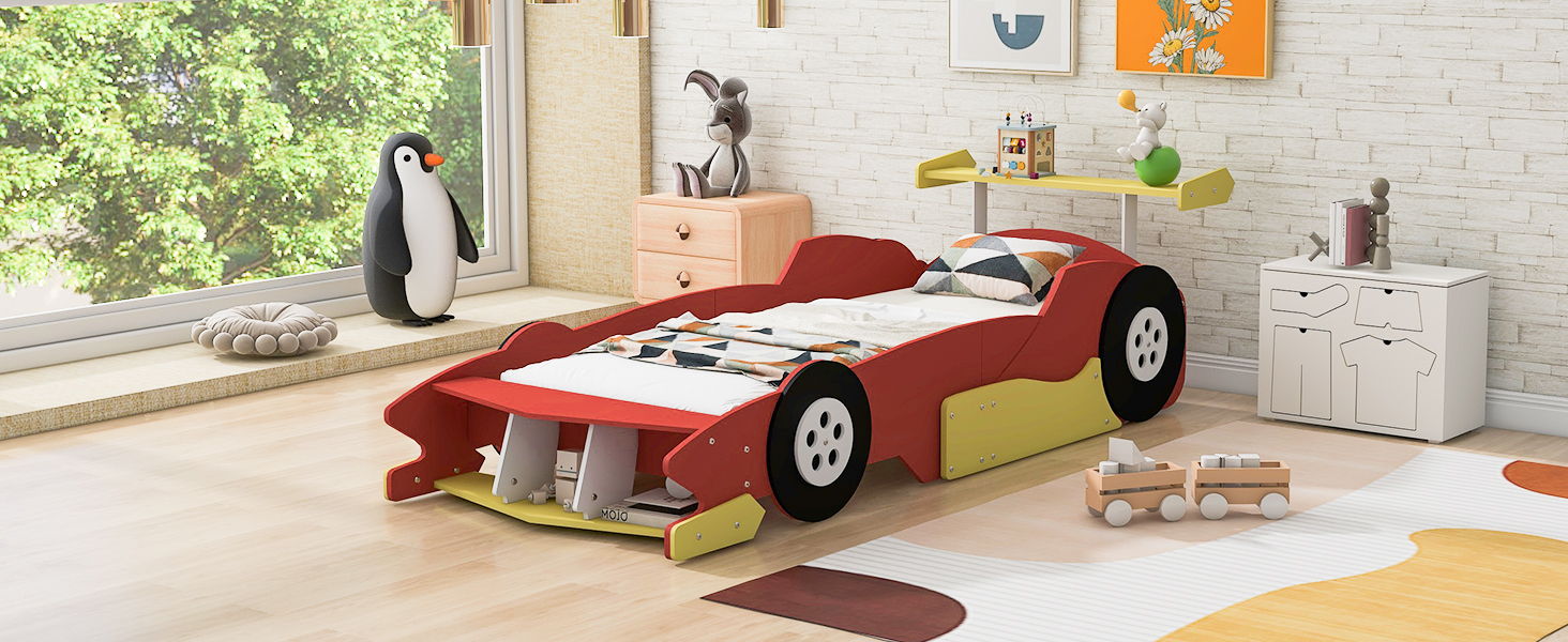 Race Car-Shaped Platform Bed With Wheels