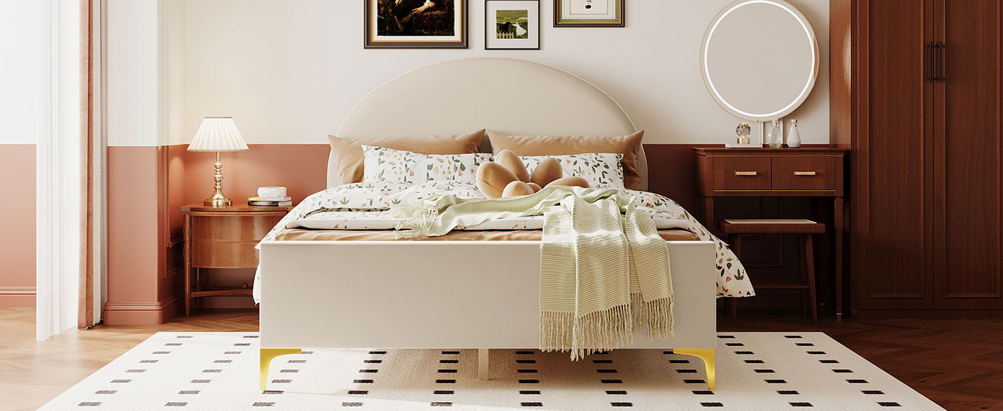 Upholstered Platform Bed With Classic Semi-Circle Shaped Headboard