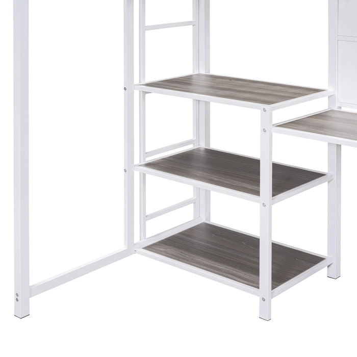 Metal Loft Bed With Desk, 3 Shelves And Ladder