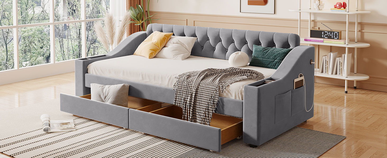 Upholstered Daybed With Storage Armrests And USB Port