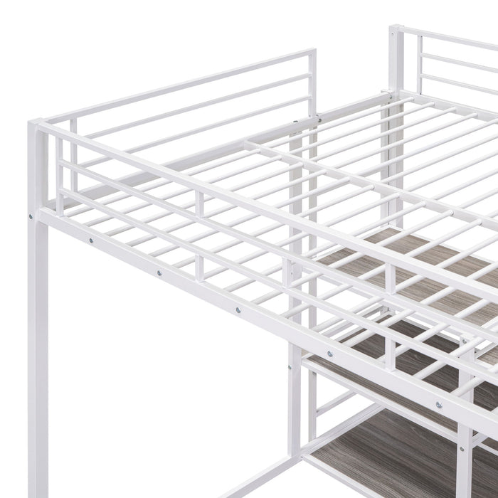 Metal Loft Bed With Desk, 3 Shelves And Ladder