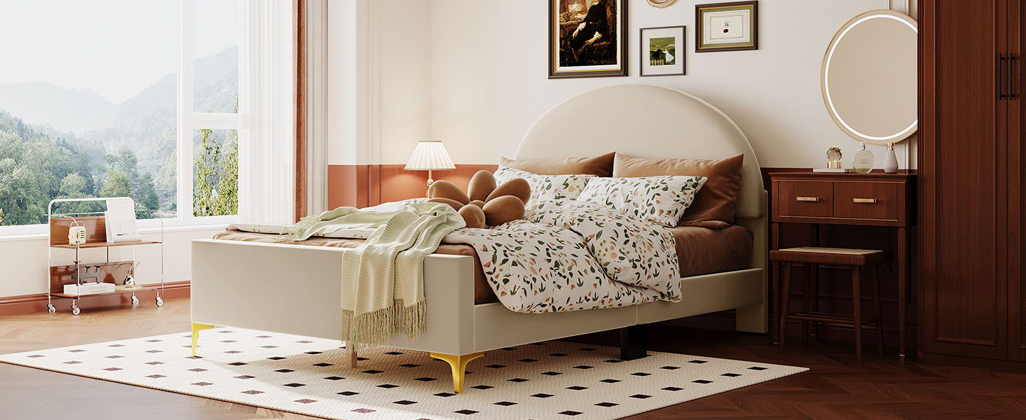 Upholstered Platform Bed With Classic Semi-Circle Shaped Headboard