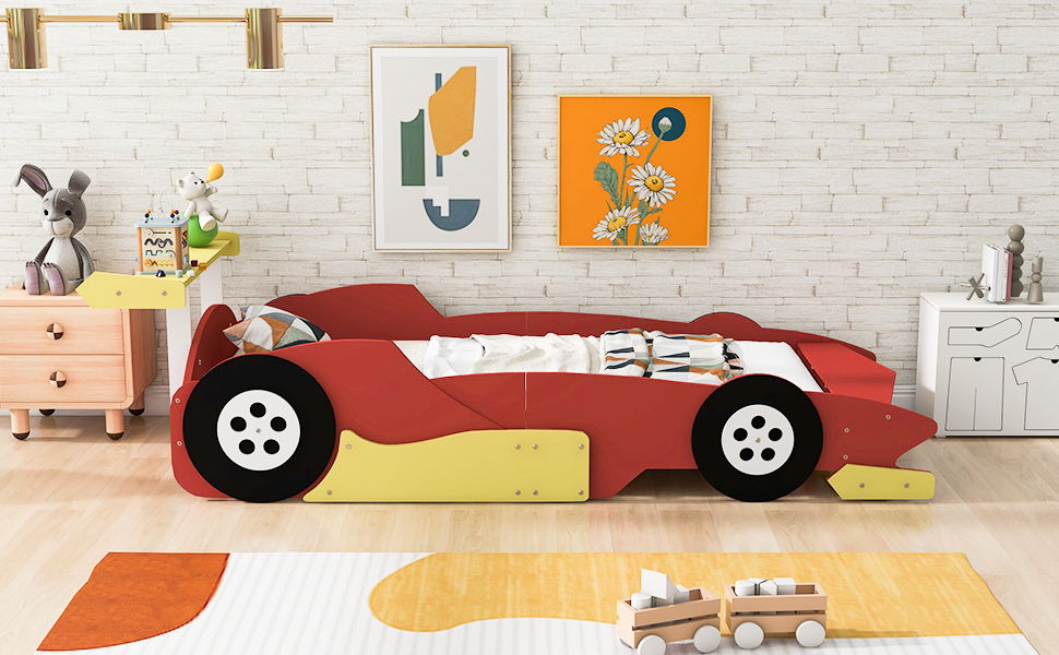 Race Car-Shaped Platform Bed With Wheels