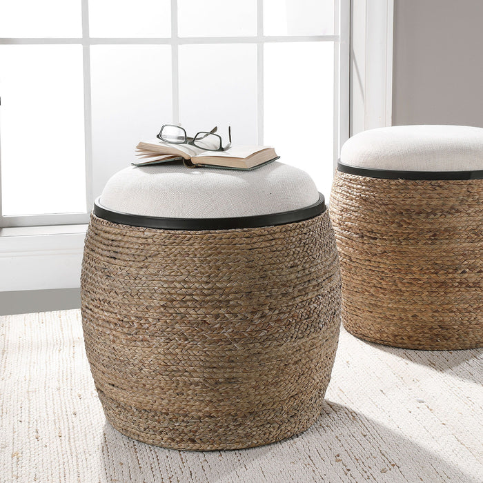 Island - Straw Accent Stool - White & Light Brown