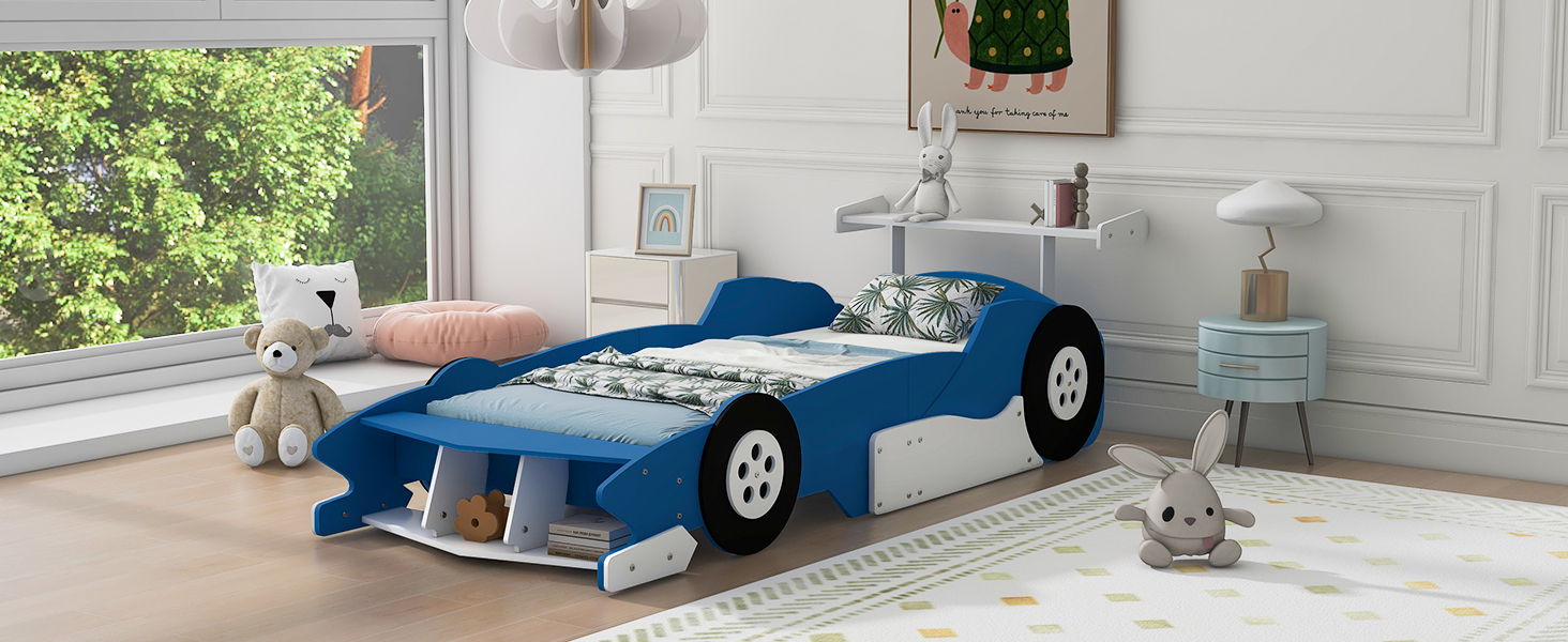 Race Car-Shaped Platform Bed With Wheels