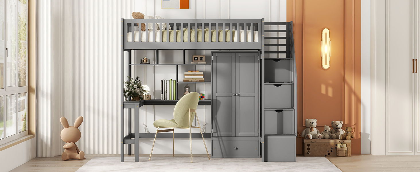 Loft Bed With Bookshelf, Drawers, Desk, And Wardrobe