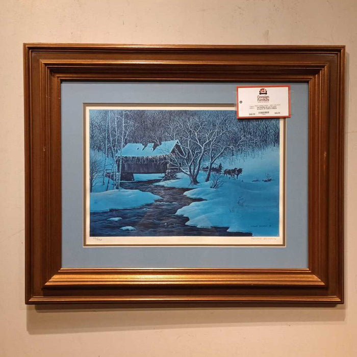 Brown Framed Artwork Of Cabin In Winter Woods (AS)