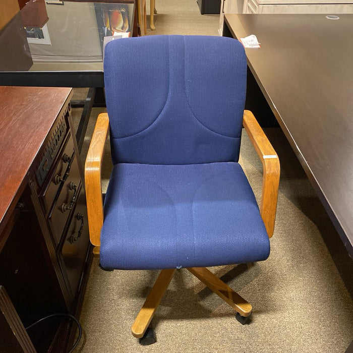 Oak Rolling Desk Chair Blue Cushion (CI)