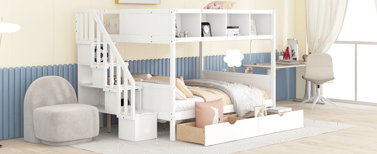 Bunk Bed With Shelfs, Storage Staircase And 2 Drawers