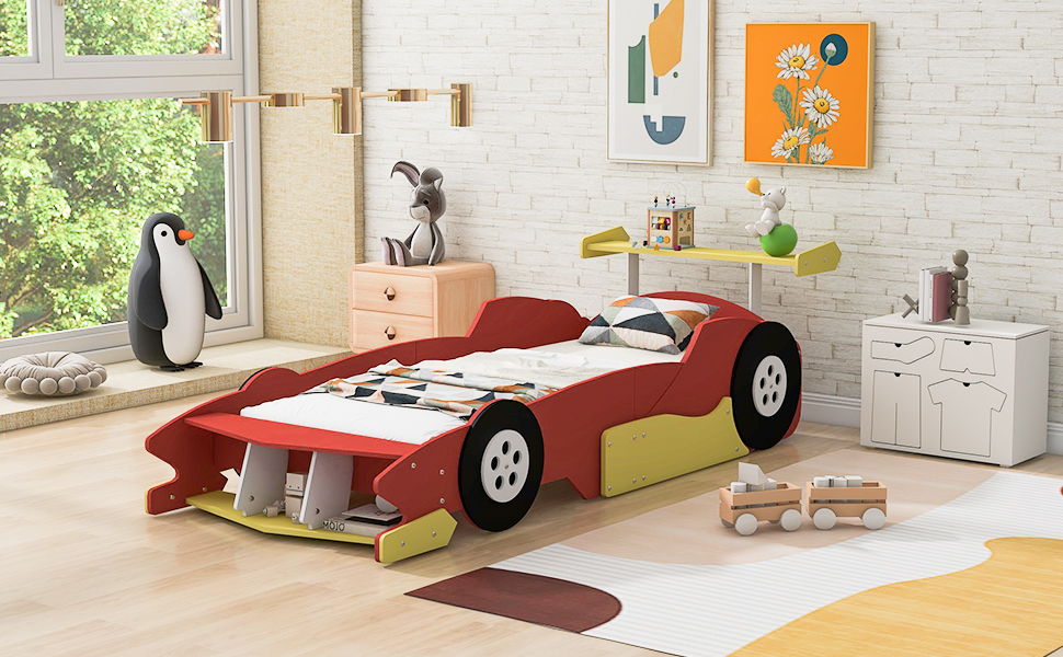 Race Car-Shaped Platform Bed With Wheels