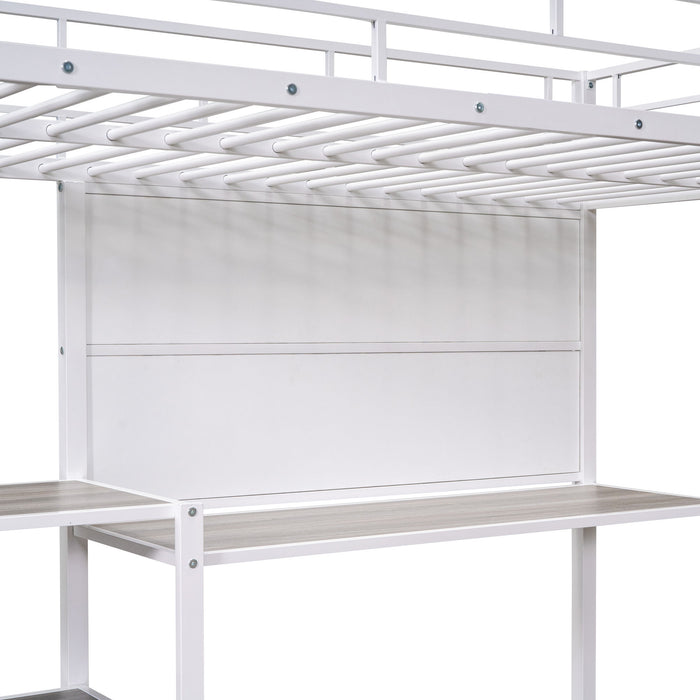 Metal Loft Bed With Desk, 3 Shelves And Ladder