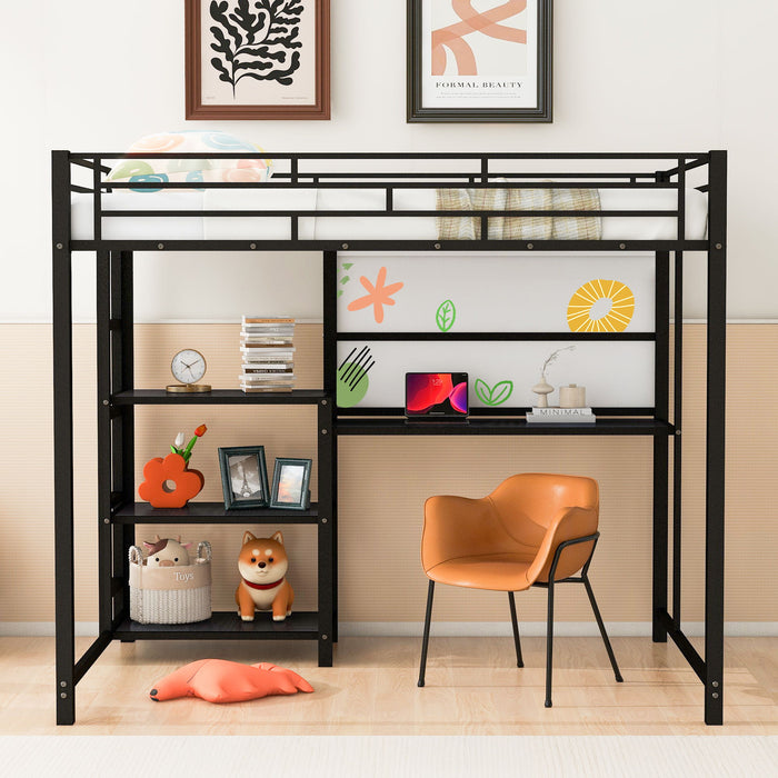 Metal Loft Bed With Desk, 3 Shelves And Ladder
