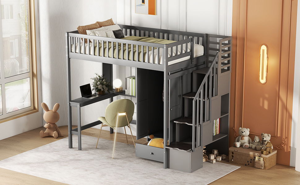 Loft Bed With Bookshelf, Drawers, Desk, And Wardrobe