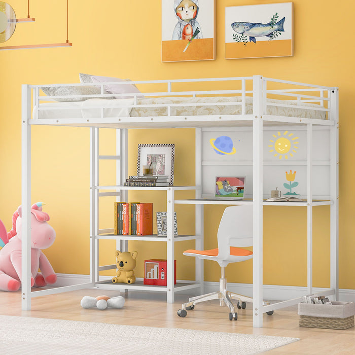 Metal Loft Bed With Desk, 3 Shelves And Ladder