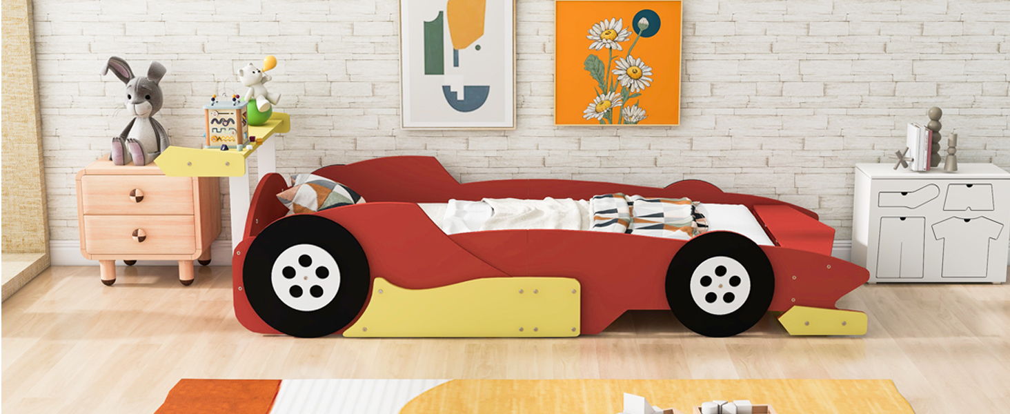 Race Car-Shaped Platform Bed With Wheels