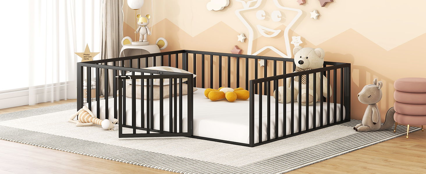 Metal Floor Bed Frame With Fence And Door