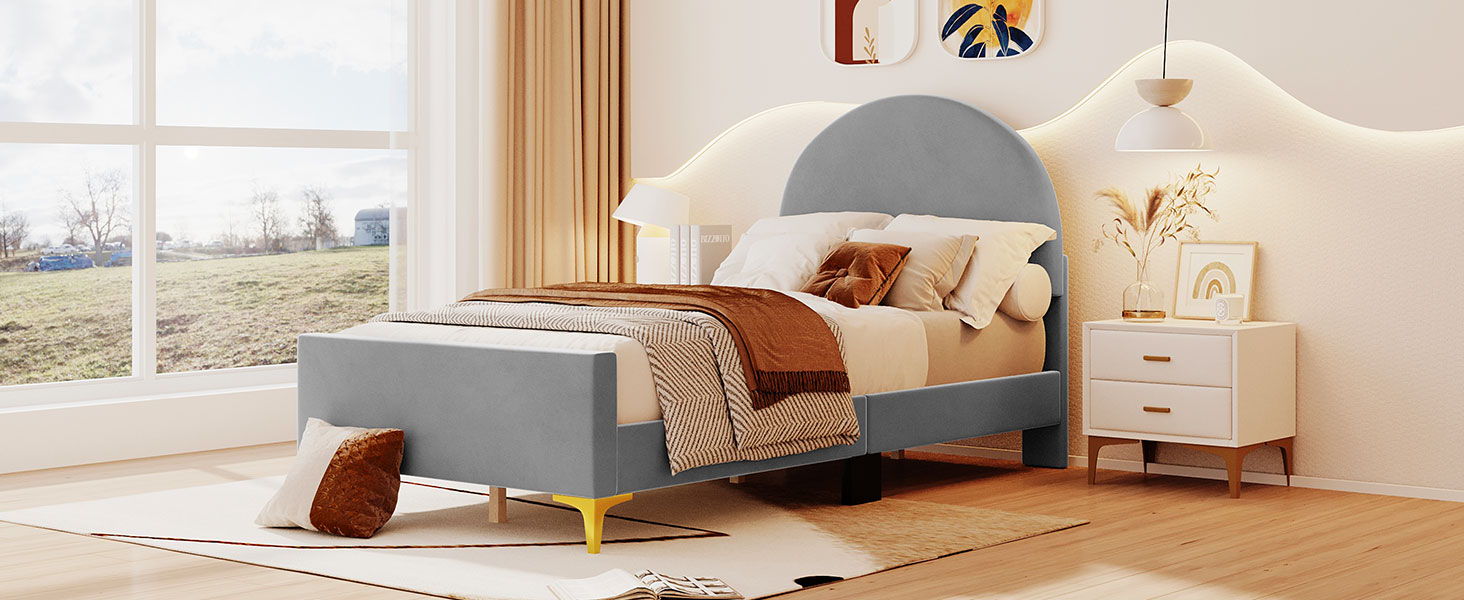 Upholstered Platform Bed With Classic Semi-Circle Shaped Headboard