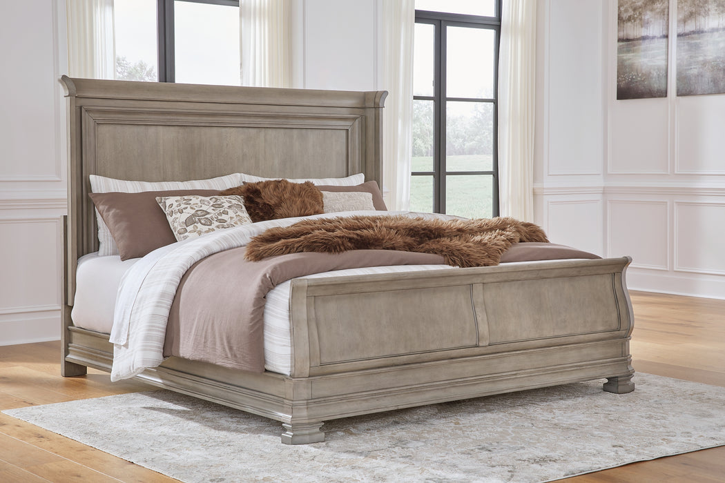 Lexorne California King Sleigh Bed with Mirrored Dresser and Chest